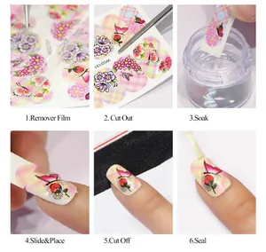 Detailed step-by-step tutorial for applying floral and butterfly nail water decals