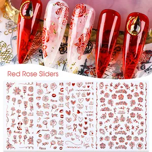 Adesivi per Unghie 3D San Valentino Rosa Rossa Cuore Torre Eiffel Decalcomanie Autoadesive per Donna Decorazione Manicure