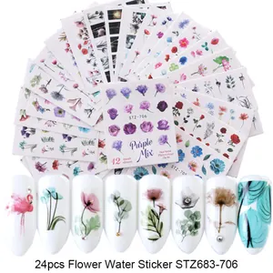 Detail of 24pcs flower water transfer nail stickers with flamingo and floral patterns