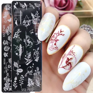Plaque de stamping STZ pour nail art avec motifs roses et oiseaux pour manucures
