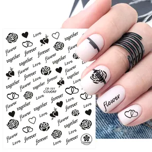Detail of CB-101 nail stickers featuring black rose and heart patterns on matte nails