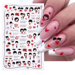 Adesivi per nail art F834 di San Valentino con coppie di cartoni animati e motivi a cuore