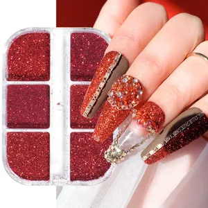 Macro de lentejuelas rojas para uñas en 6 rejillas y efecto de aplicación de manicura