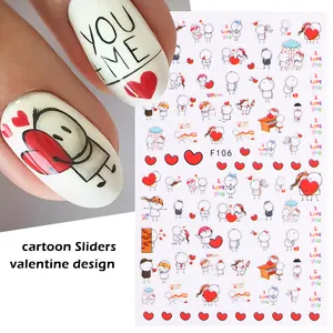 Dettaglio di adesivi nail art 3D con cuori cartoon e illustrazioni di coppia romantica