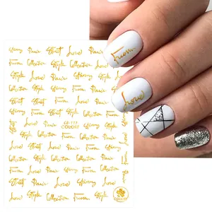 Golden adhesive nail art stickers featuring elegant English alphabets and love letters