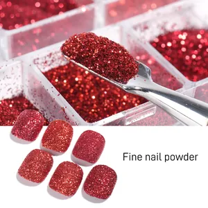 Set de polvos brillantes rojo chino con lentejuelas finas para manicura nupcial de gala