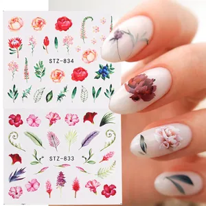 Floral and leaf nail art water stickers set featuring colorful peonies and tropical motifs