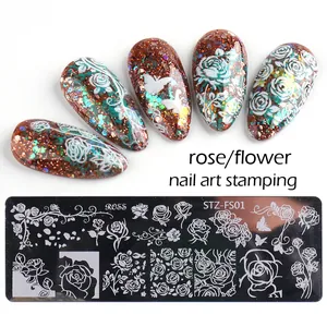 Détail de la plaque de stamping STZ-FS01 avec motifs de roses et de vignes en acier
