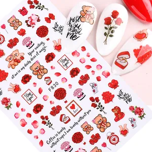 Dettagli adesivi per unghie F830 con orsetti, rose rosse e cuori per nail art e manicure