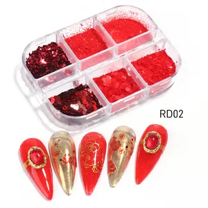 Primer plano de purpurina roja festiva en 6 rejillas y diseños de manicura para celebraciones