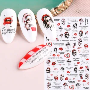 Dettaglio di adesivi per unghie F833 con illustrazioni di moda e scritte in russo e inglese