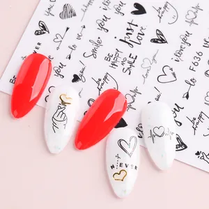 Dettagli di adesivi 3D per unghie F636 con cuori neri e scritte inglesi alla moda