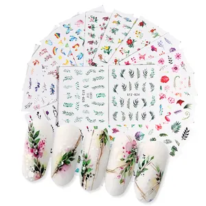 Vibrant nail water slide decals set with floral, butterfly, and leaf patterns