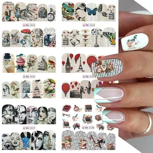 Autocollants nail art vintage à l'eau avec roses, cœurs et portraits pour manucure