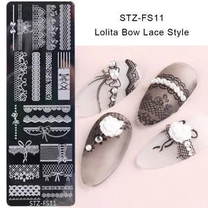 Plaque de stamping pour ongles style Lolita avec motifs de dentelle et de nœuds