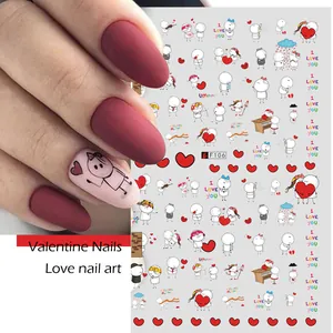 Adesivi per unghie 3D di San Valentino con cuori cartoon e scritte per manicure