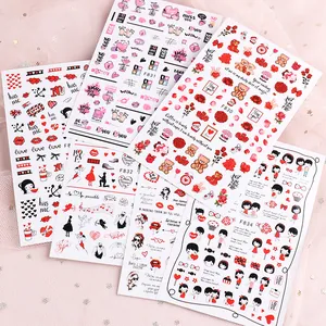 Dettagli di adesivi per unghie con disegni di tigre, cuori e rose romantiche rosse