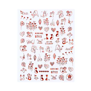 Adesivi per unghie rosso metallizzato con rose romantiche, cuori e disegni line art