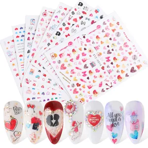 Adesivi per unghie San Valentino con cuori rossi, motivi di Cupido e scritte eleganti