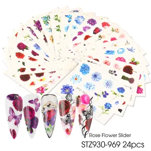 Detail of 24pcs flower and butterfly nail water sliders with artistic manicure finish