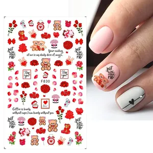 Adesivi per unghie di San Valentino con rose rosse, cuori e motivi di orsetti