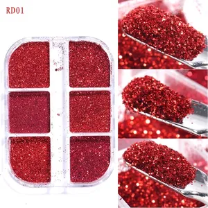 Set de purpurina para uñas en rojo festivo con caja de almacenamiento de seis compartimentos