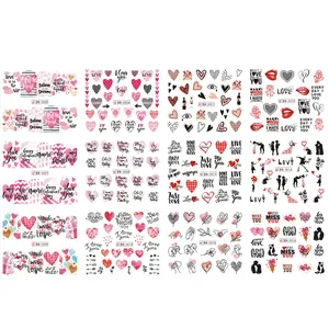 Lot de 12 stickers nail art pour la Saint-Valentin avec motifs cœurs roses et lettrage