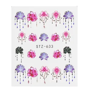 Adesivi per unghie ad acqua con loto viola e pendenti blu per decorazioni manicure di stile