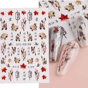 Detail von STZ-CS198 Nageltattoo mit chinesischer Kalligraphie und Blumenmotiven