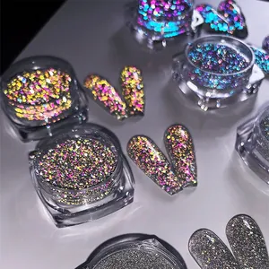 Macro shot of reflective nail glitter powder in various colors for high-shine manicure