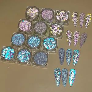Macro detail of 12 jars of reflective nail glitter set with various colorful sequins