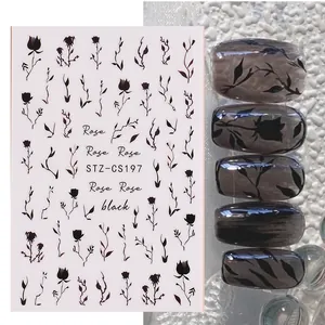 Detailansicht der STZ-CS197 schwarzen Rosen-Nagelsticker mit floralen Silhouetten