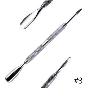 Detailed close-up of dual-ended stainless steel nail cuticle pusher with non-slip handle