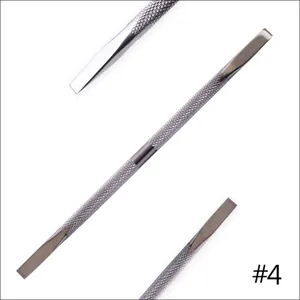 Close-up of stainless steel dual-head nail pusher with anti-slip knurled metal handle