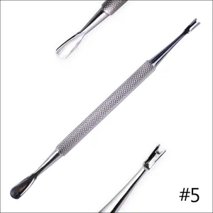 Detail of #5 dual-ended stainless steel cuticle pusher and trimmer for nail care