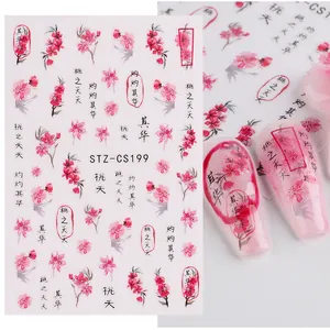 Detail von STZ-CS199 Nagelstickern mit rosa Pfirsichblüten und chinesischer Kalligraphie