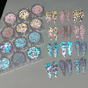 Holographic nail glitter set with 12 jars of reflective sequins for creative nail art