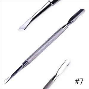 Detail of dual-ended stainless steel cuticle pusher #7 with non-slip knurled handle grip