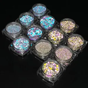 12-pack multicolor reflective nail glitter powder and sequins set for manicures