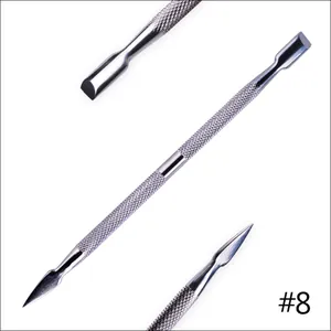 Close-up of dual-ended stainless steel cuticle pusher #8 with non-slip knurled handle