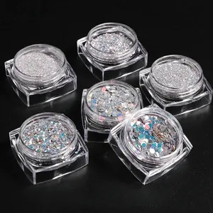 Set of 6 jars of holographic silver nail art glitter with chunky hexagonal sequins