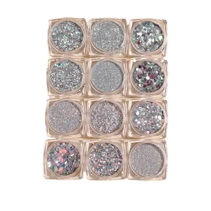 12-pack holographic silver nail glitter set with reflective powder and hexagonal sequins