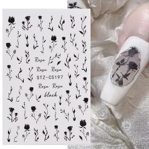 Elegante schwarze Rosen-Nagelaufkleber im China-Stil STZ-CS197 auf weißem Grund