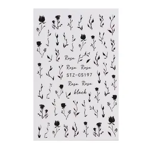 Minimalistische schwarze Rosen-Nagelaufkleber mit eleganten floralen Rankenmustern