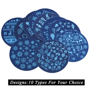 Set of 10 round stainless steel nail stamping plates with Christmas snowflake designs