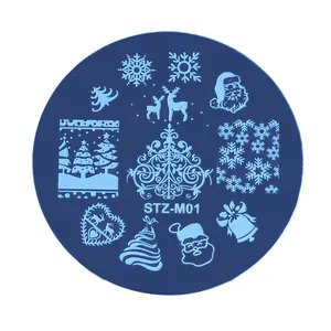 Detail view of round stainless steel nail stamping plate with Christmas snowflake patterns