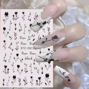 Adesivi per unghie con rose nere 3D con effetto inchiostro vintage e nail art stile francese