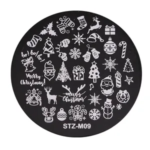 Macro view of STZ-M09 round nail stamping plate with Christmas snowflakes and deer