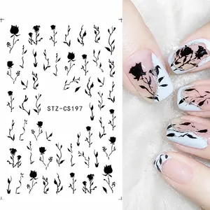 Detailansicht von 3D schwarzen Rosen Nagelaufklebern mit Blumenmustern auf Fingernägeln