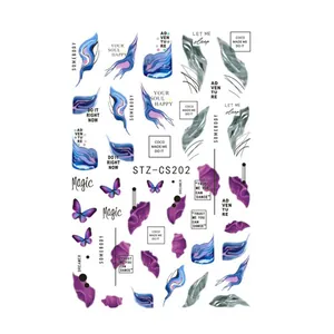 Adesivi per unghie 3D farfalla inchiostro viola con eleganti motivi a linee fluide